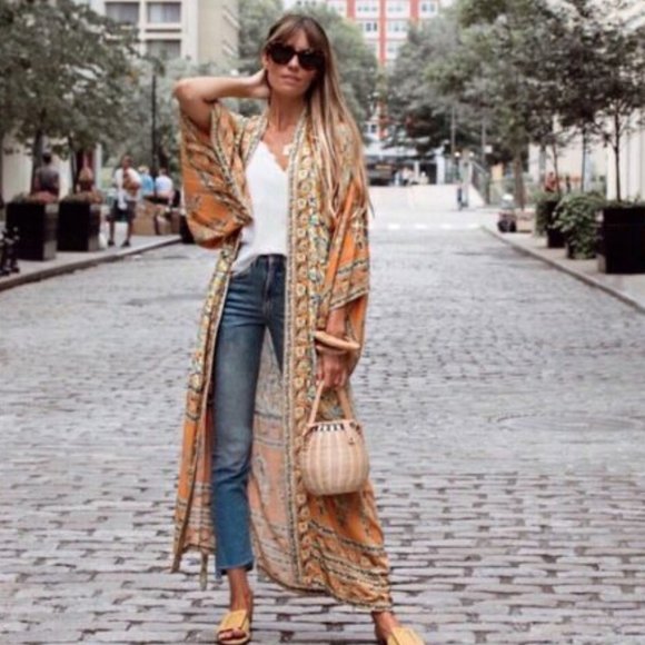 Shop Fig Tops | New Boho Floral Kimono Maxi Duster Cardigan | Color: Orange/White | Size: M | Green8b's Closet